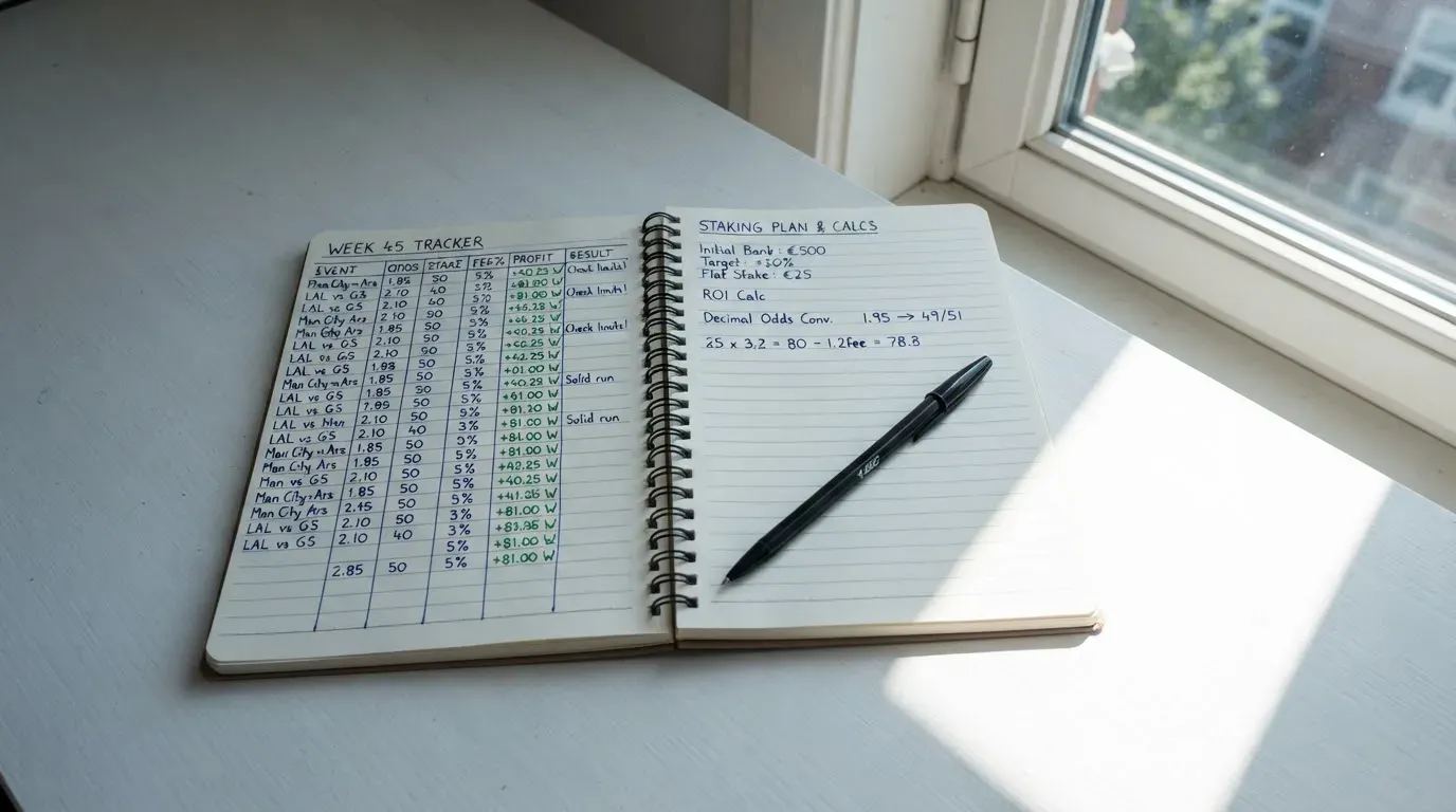 Ein Notizbuch mit handschriftlichen Rechnungen und ein Taschenrechner auf einem Schreibtisch, im Fenster fällt Morgenlicht.