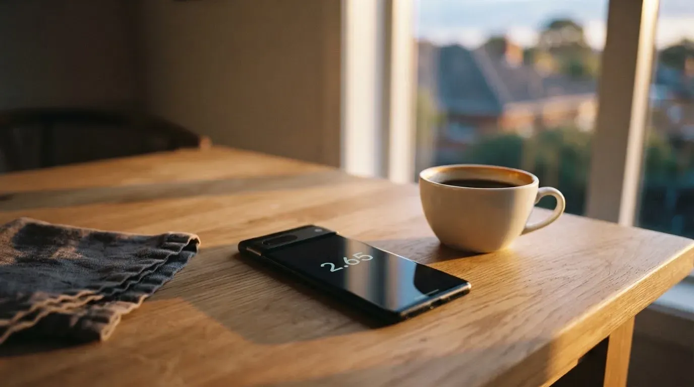 Ein Smartphone mit dunklem Display liegt auf einem Holztisch neben einer Tasse Kaffee, am Fenster fällt Abendlicht.