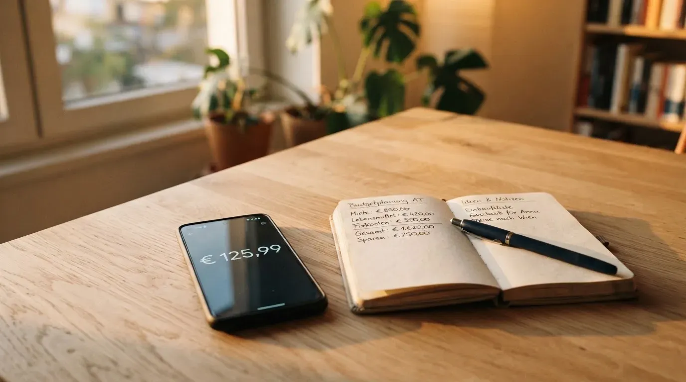 Ein Smartphone mit dunklem Display liegt auf einem Holztisch neben einem Notizbuch, durch das Fenster fällt Abendlicht.