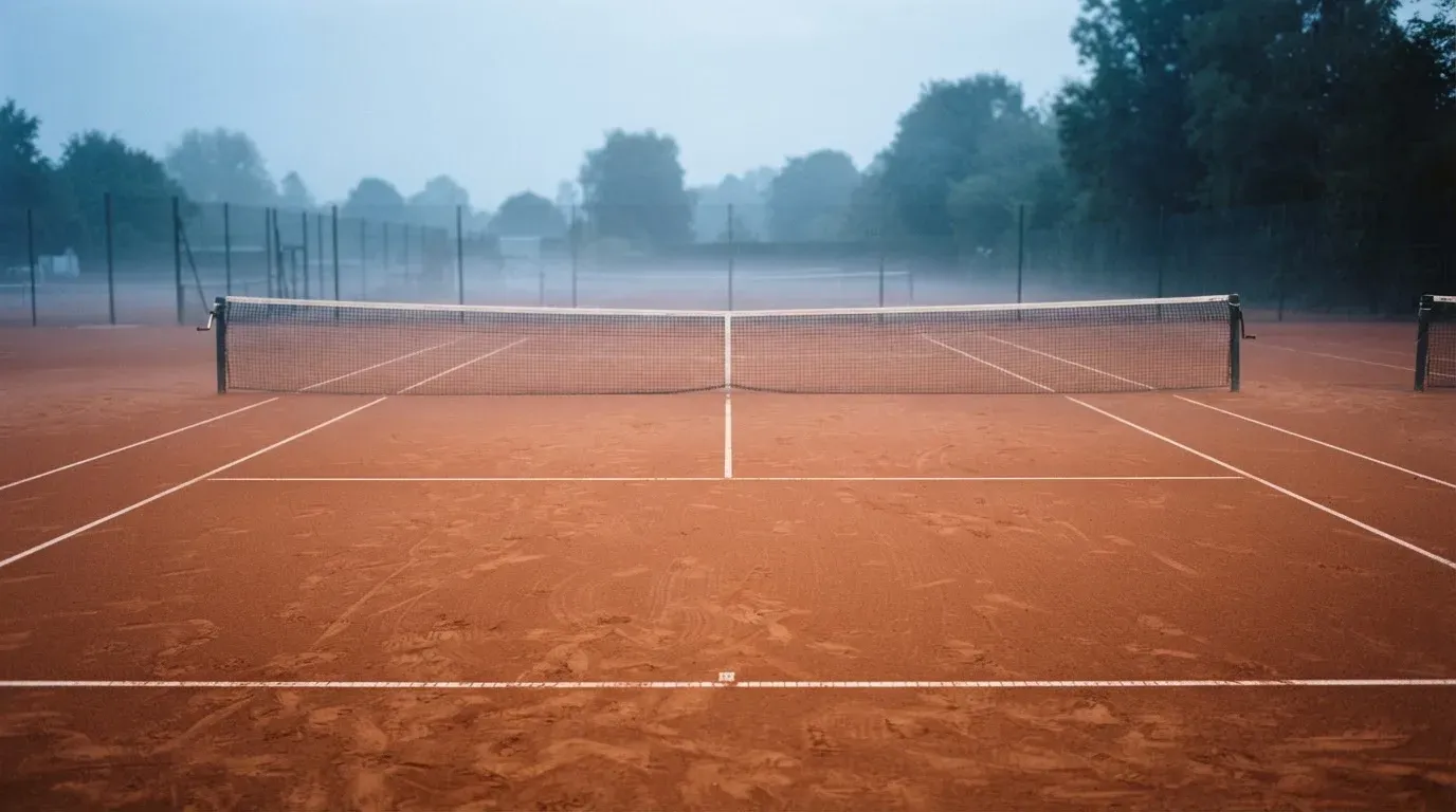 Ein Tennisplatz im Morgengrauen mit Netz und Linien, über dem Sandboden liegt leichter Nebel und niemand ist zu sehen.