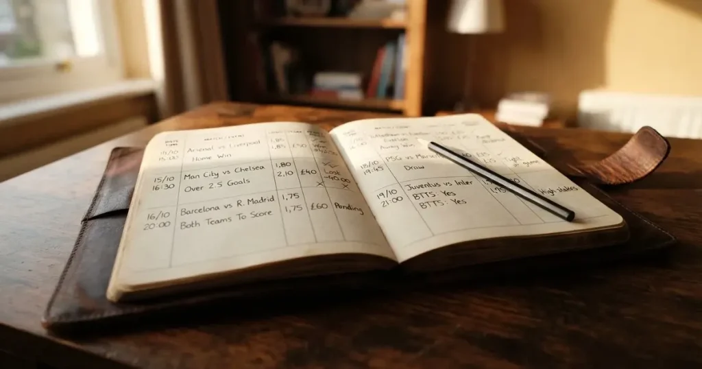 Ein Notizbuch mit handschriftlichen Zahlenreihen und ein Bleistift liegen auf einem Schreibtisch neben einem Taschenrechner im Morgenlicht.