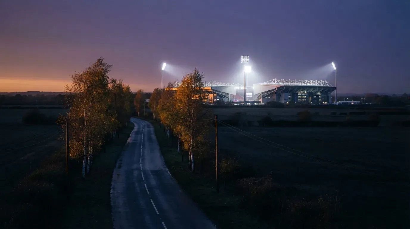 Ein Stadion unter Flutlicht aus großer Entfernung gesehen, davor eine dunkle Landstraße und einzelne Bäume in der Dämmerung.