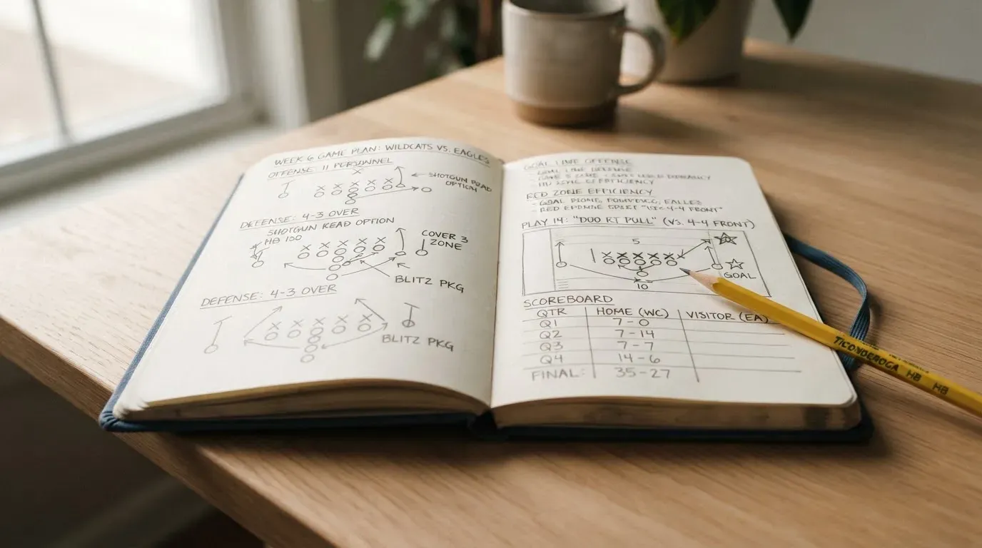 Ein Notizbuch mit handschriftlichen Skizzen und Zahlenreihen liegt aufgeschlagen auf einem Schreibtisch, daneben ein Bleistift.