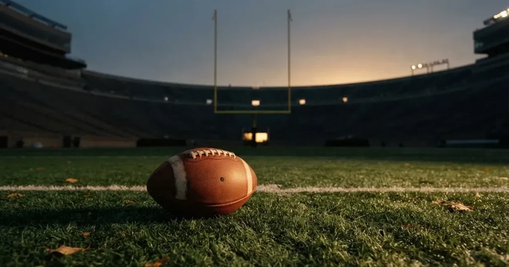 Ein ovaler Football liegt auf dem Rasen vor den gelben Torstangen eines leeren Stadions in der Abenddämmerung.