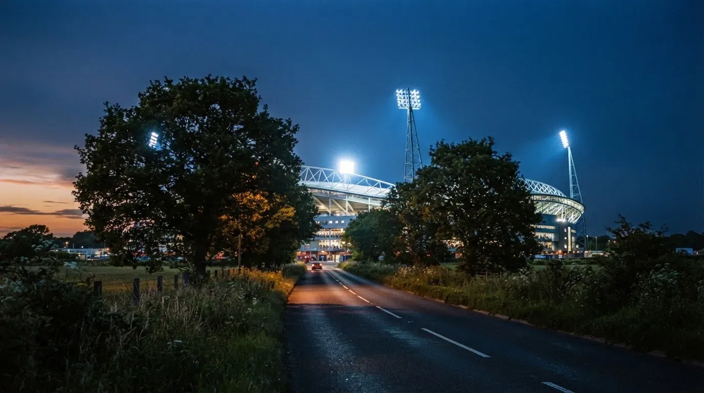 Ein großes Stadion unter Flutlicht aus weiter Entfernung gesehen, davor eine dunkle Landstraße und ein paar Bäume.