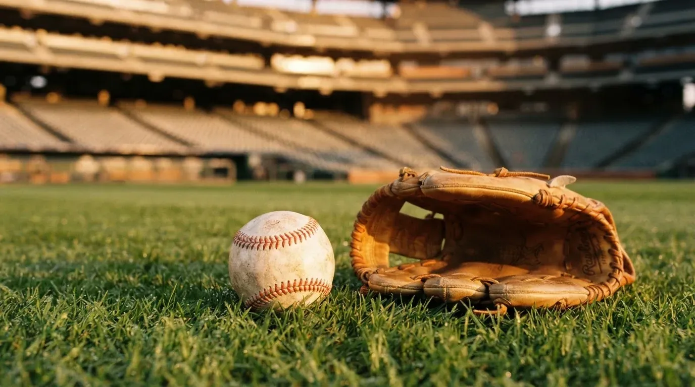 Ein Baseball liegt auf dem Rasen neben einem Lederhandschuh ohne Aufschrift, im Hintergrund eine leere Tribüne im Abendlicht.