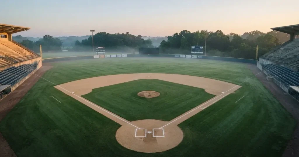 Ein leeres Baseballfeld mit Sandfläche, Basen und weißen Linien in der Morgendämmerung, über dem Rasen liegt leichter Nebel.