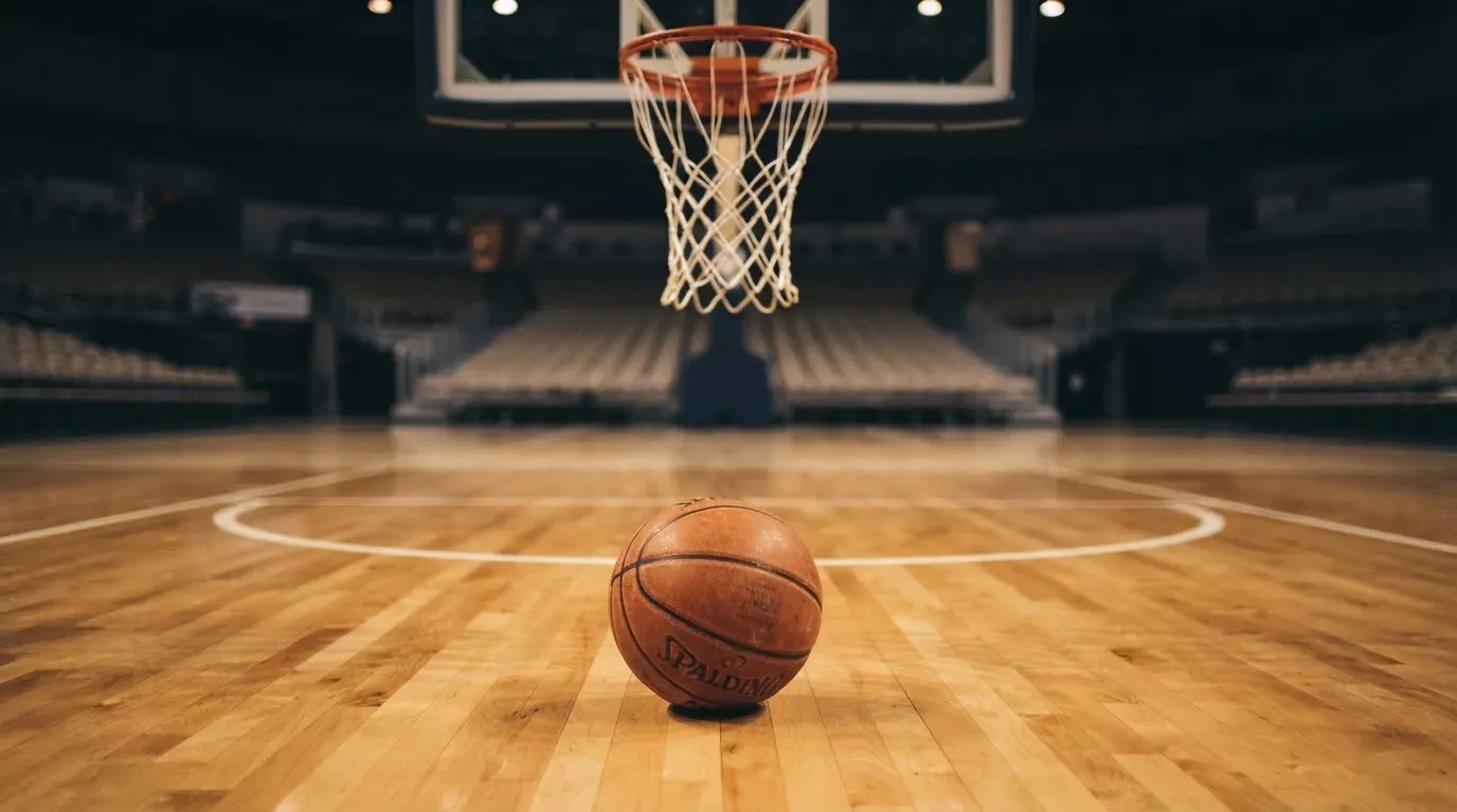 Ein orangefarbener Basketball liegt auf einem Hallenboden unter dem Netz eines Korbs, im Hintergrund unscharf leere Sitzreihen.