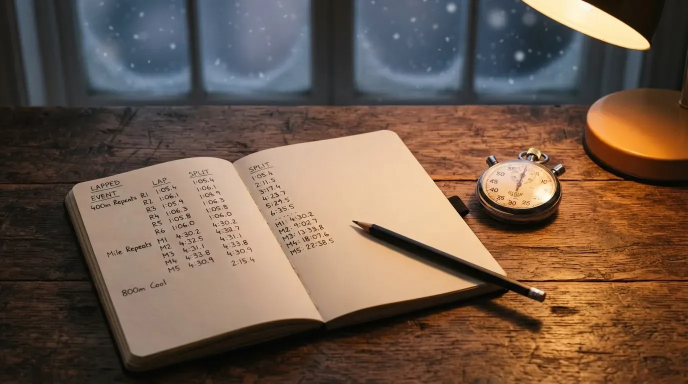 Ein Notizbuch mit handschriftlichen Zeiten liegt neben einer Stoppuhr auf einem Holztisch, draußen vor dem Fenster fällt Schnee.