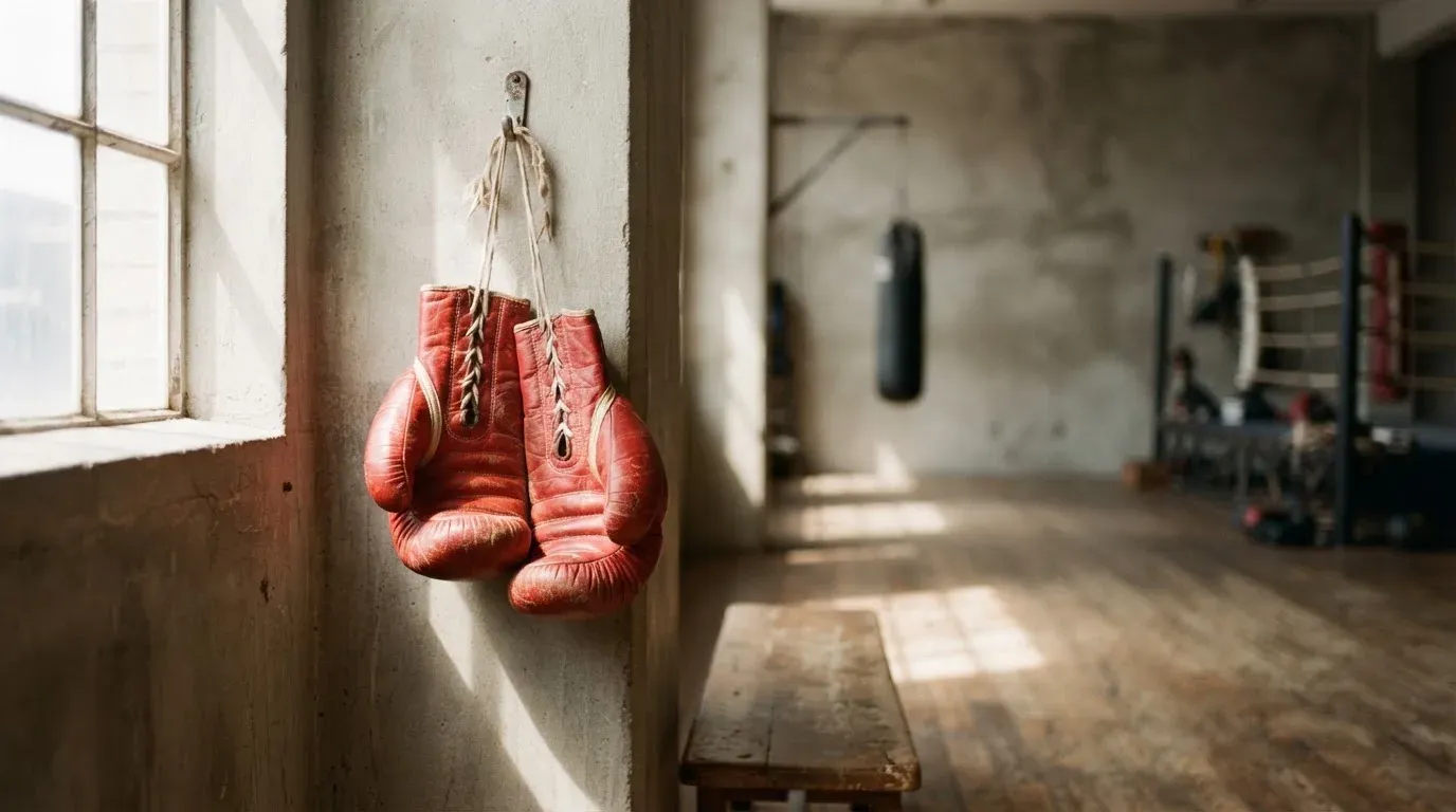 Ein Paar Boxhandschuhe hängt an einem Haken in einer leeren Trainingshalle, durch ein Fenster fällt Tageslicht auf den Boden.