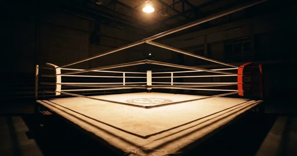 Ein leerer Boxring mit gespannten Seilen unter einer Hallenlampe, der Ringboden ist im Licht gut zu erkennen, niemand ist zu sehen.