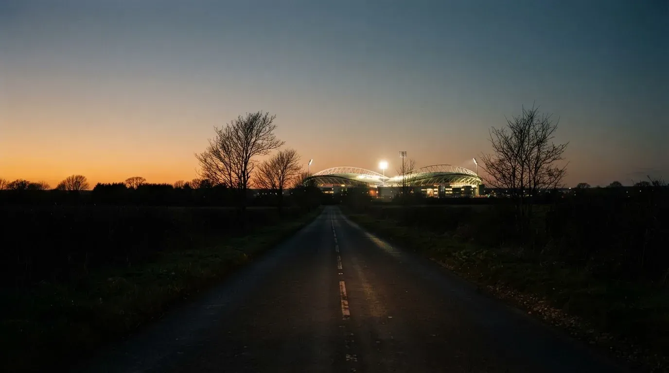 Ein Stadion unter Flutlicht aus großer Entfernung gesehen, davor eine dunkle Landstraße und einzelne Bäume in der Dämmerung.