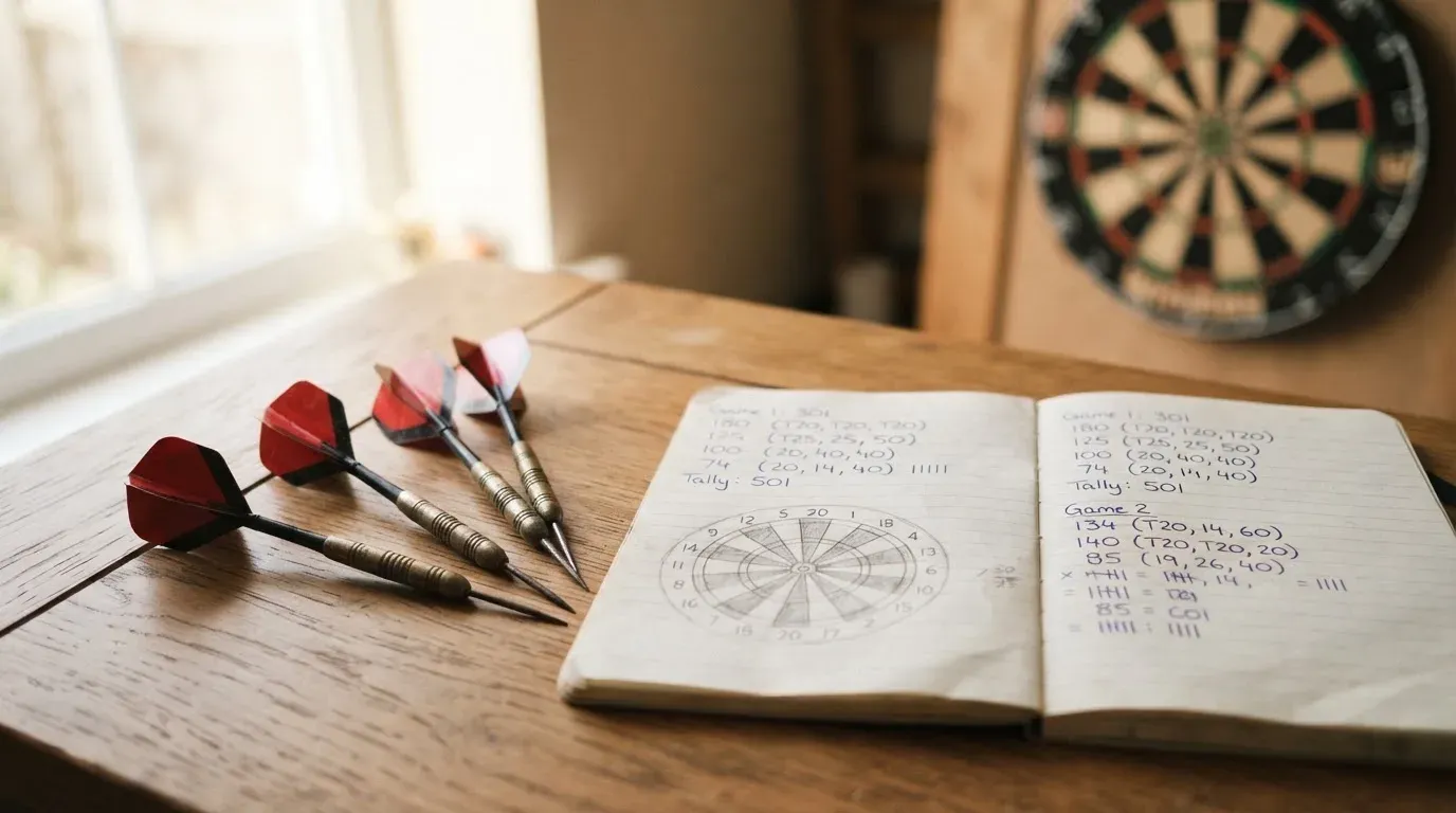 Wurfpfeile liegen auf einem Holztisch neben einem Notizbuch mit handschriftlichen Zeilen, Tageslicht fällt von links ein.