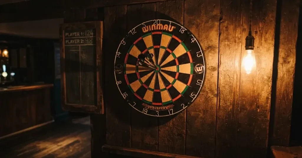 Eine Dartscheibe an einer Holzwand in einem schwach beleuchteten Raum, drei Pfeile stecken nahe der Mitte, warmes Licht von der Seite.