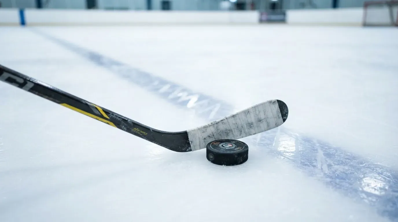 Ein Eishockeyschläger und ein schwarzer Puck liegen auf dem Eis, eine Kratzspur zieht sich durch das Bild.