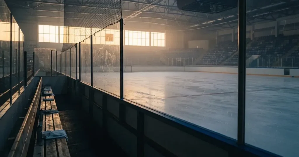 Eine zugefrorene Eisfläche am Rand eines Eishockeyfelds im Morgenlicht, Banden und leere Spielerbänke von der Seite fotografiert.