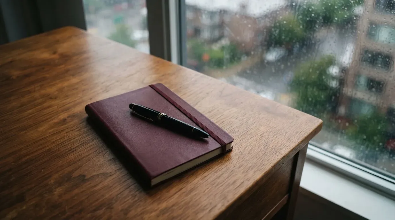 Ein Schreibtisch mit Füllfeder und geschlossenem Notizbuch vor einem Fenster an einem regnerischen Tag, kein Text erkennbar.