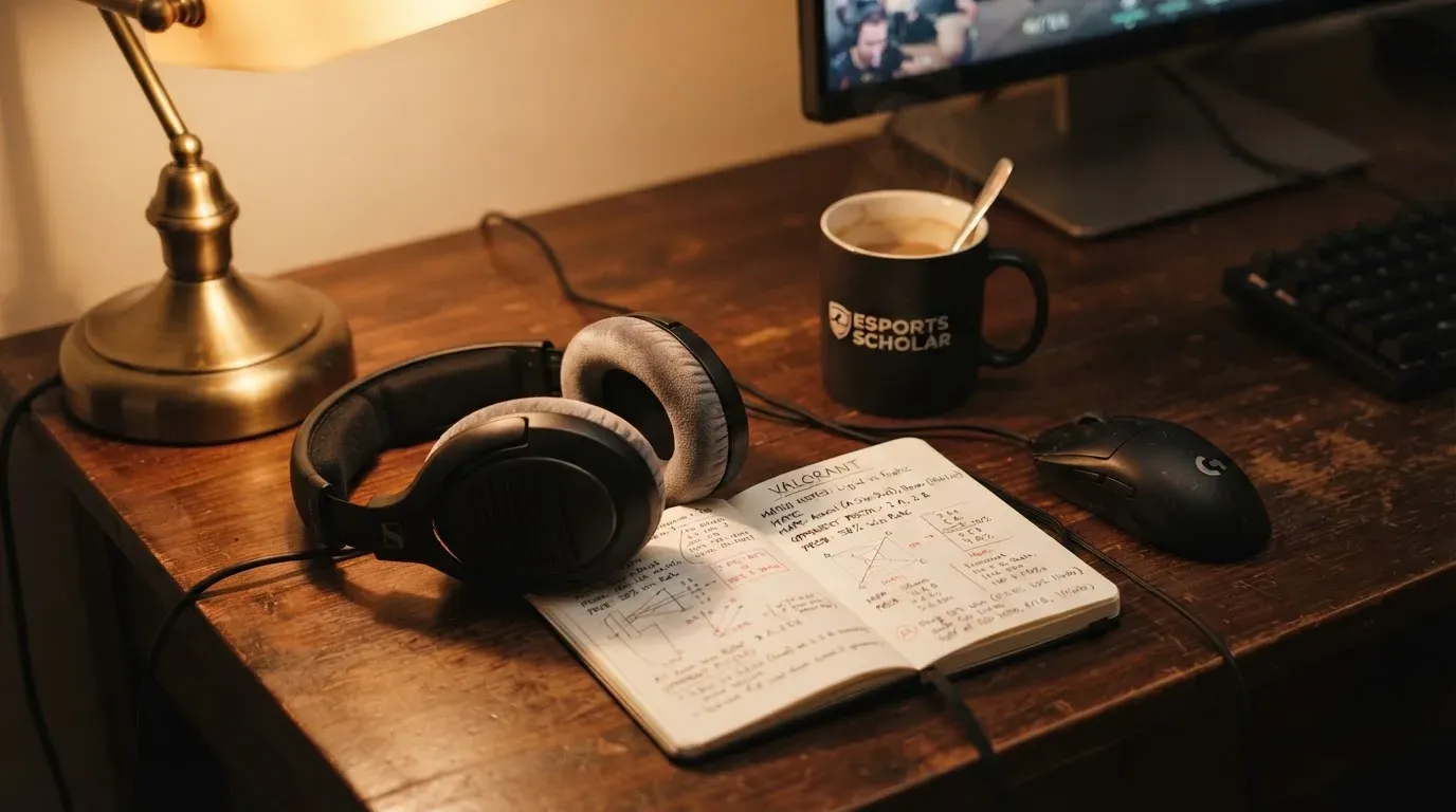 Ein Headset und eine Computermaus liegen auf einem Schreibtisch neben einem Notizbuch mit handschriftlichen Notizen, Lampenlicht am Abend.