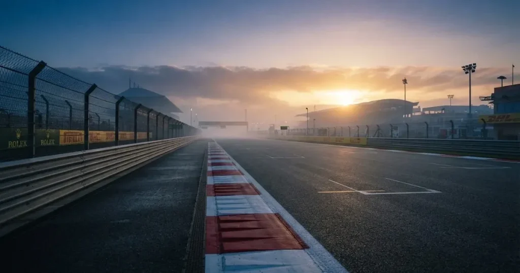 Eine Rennstrecke bei Sonnenaufgang, leere Zielgerade mit Randsteinen und Leitplanken, Nebel liegt über dem Asphalt.