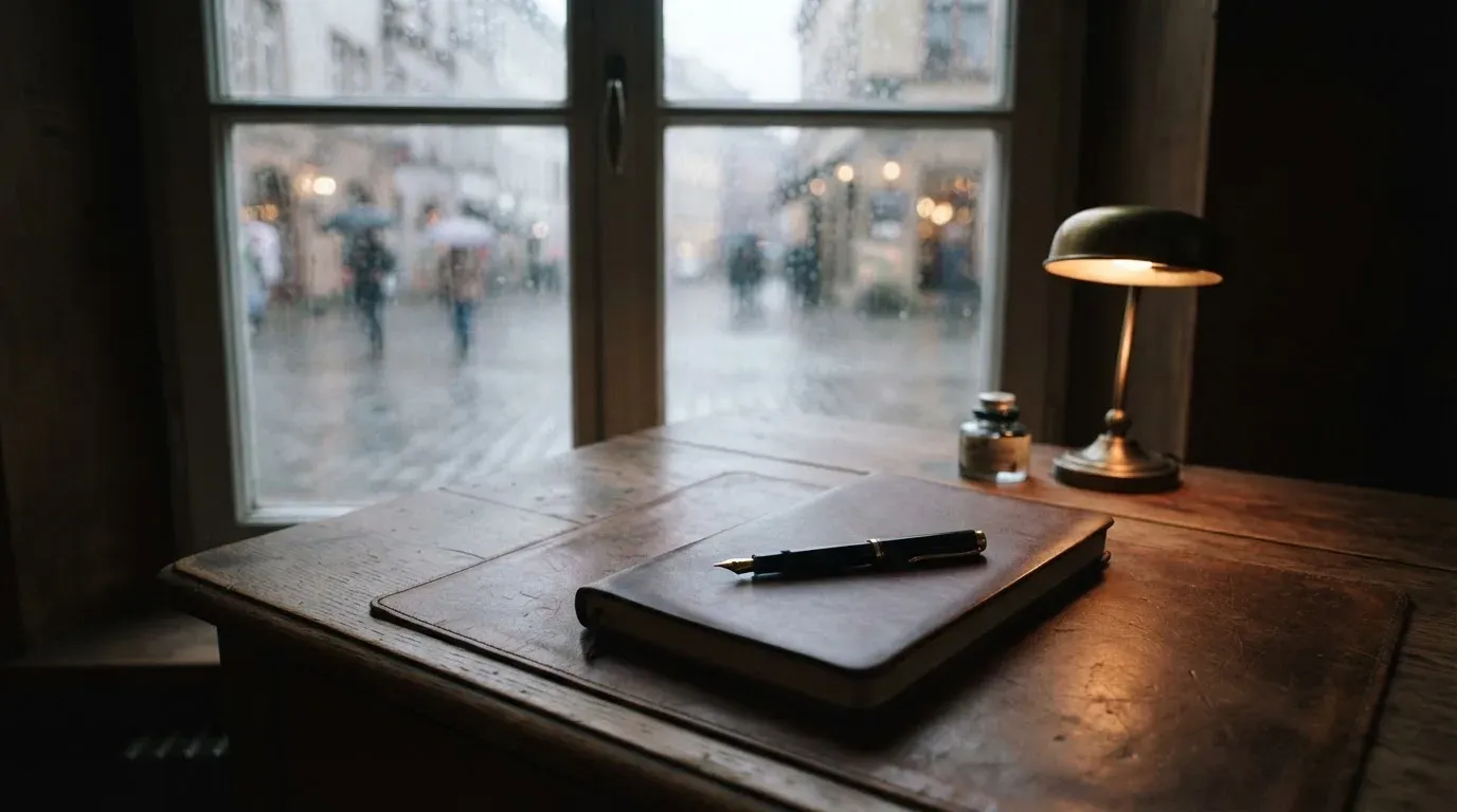 Ein Schreibtisch mit Füllfeder und geschlossenem Notizbuch vor einem regennassen Fenster, die Szene ist ruhig und ohne lesbaren Text.