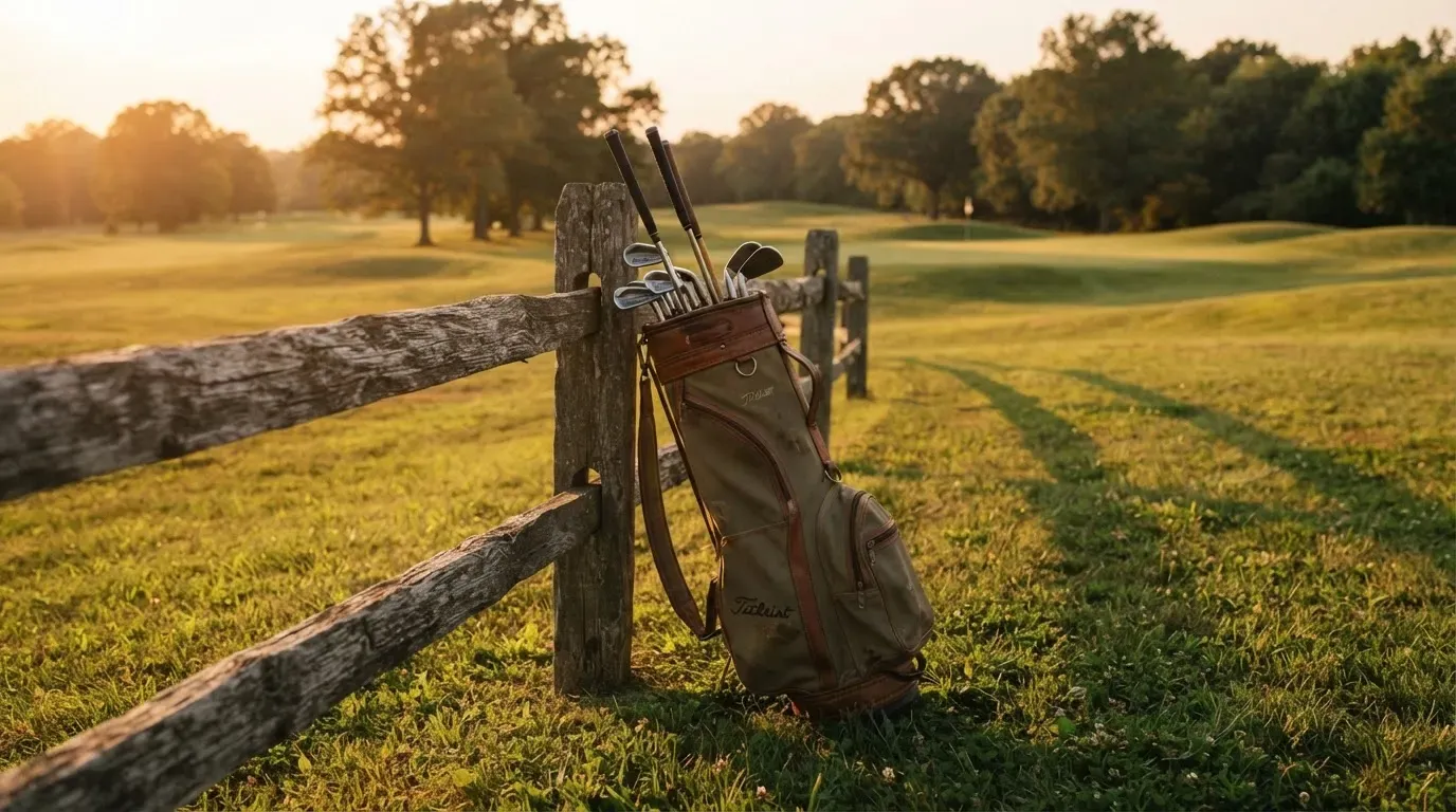 Ein Golfbag mit Schlägern lehnt an einem Holzzaun am Rand einer Spielbahn, tiefstehende Sonne von der Seite.