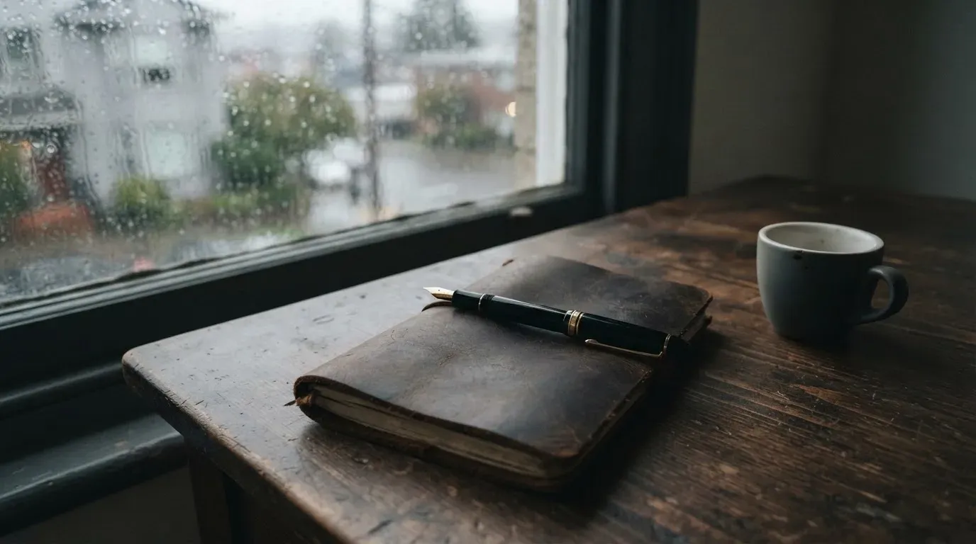 Ein Schreibtisch mit Füllfeder und geschlossenem Notizbuch vor einem Fenster an einem regnerischen Tag, ohne lesbaren Text.