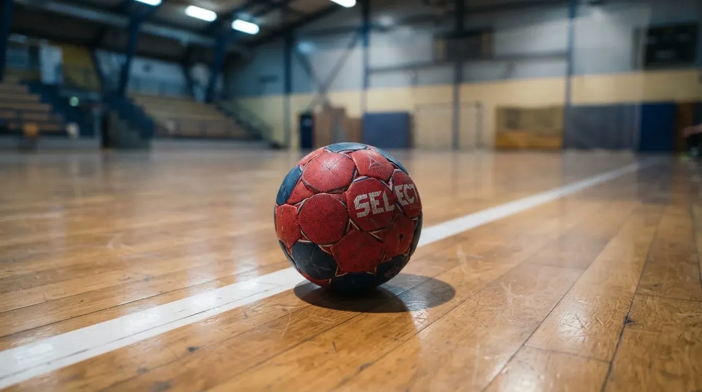 Ein Handball liegt auf dem Parkett einer Halle neben einer Spielfeldlinie, Licht fällt von oben ein.