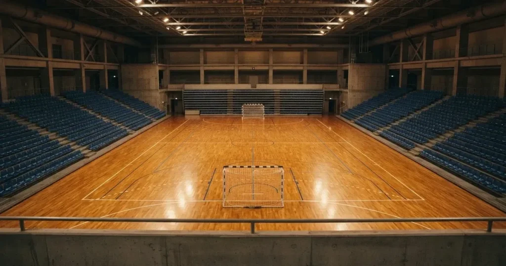 Eine leere Handballhalle von der Tribüne aus gesehen, der Hallenboden glänzt, an beiden Enden stehen Tore.