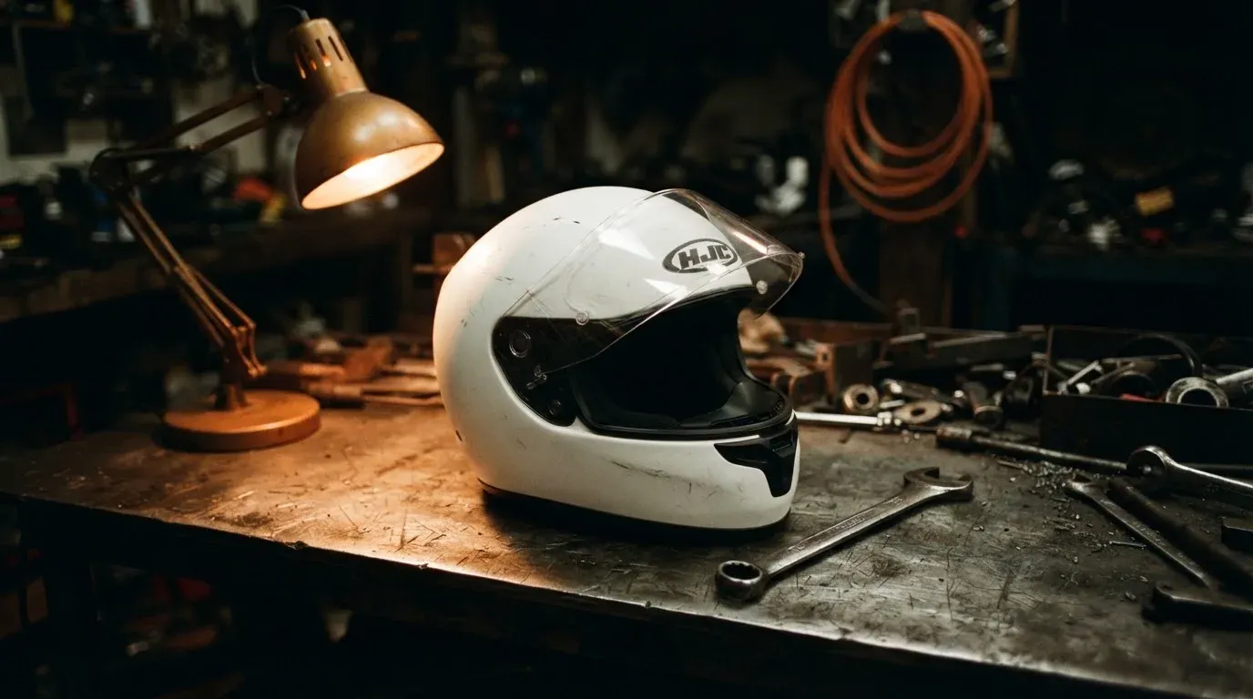Ein Helm ohne Aufdruck steht auf einem Metalltisch in einer Werkstatt, daneben ein Schraubenschlüssel im Licht einer Lampe.