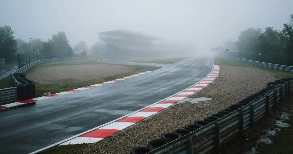 Eine Rennstrecke im Morgennebel, leere Gerade mit Randsteinen, Reifenstapeln und Leitplanken, keine Fahrzeuge im Bild.