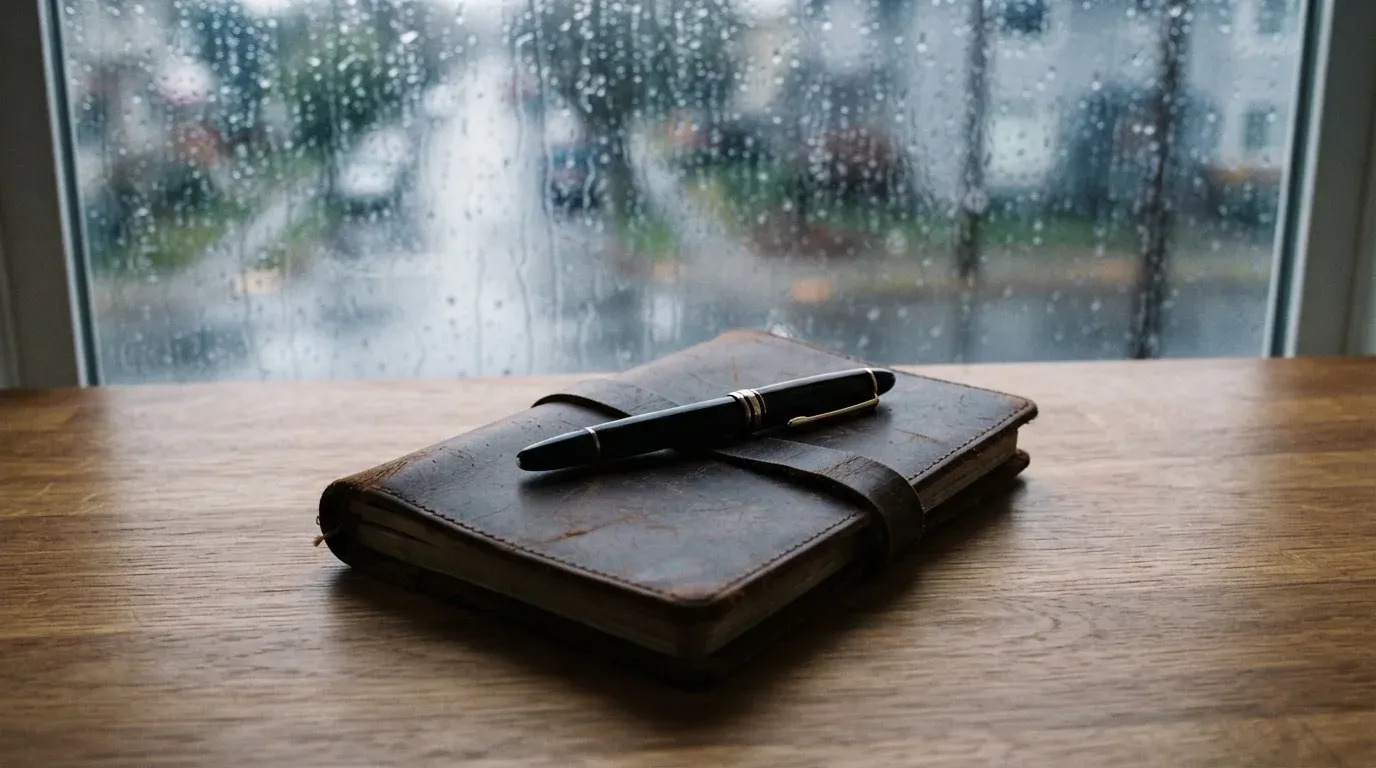 Ein Schreibtisch mit Füllfeder und geschlossenem Notizbuch vor einem regennassen Fenster, die Szene ist ruhig und ohne lesbaren Text.