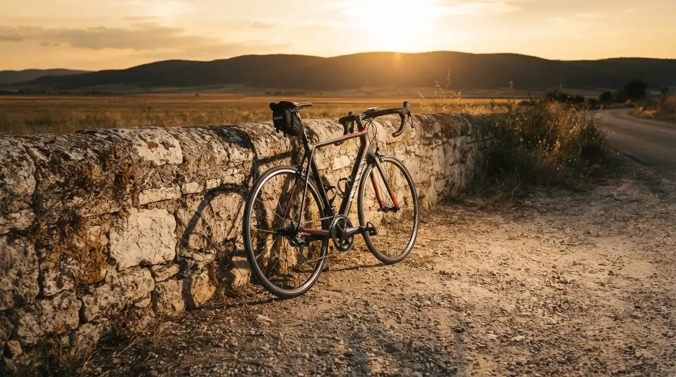 Ein Rennrad lehnt an einer Steinmauer am Straßenrand, die Sonne steht tief und wirft einen langen Schatten.