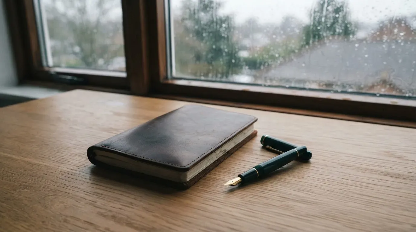 Ein Schreibtisch mit Füllfeder und geschlossenem Notizbuch vor einem regennassen Fenster, die Szene ist ruhig und ohne lesbaren Text.