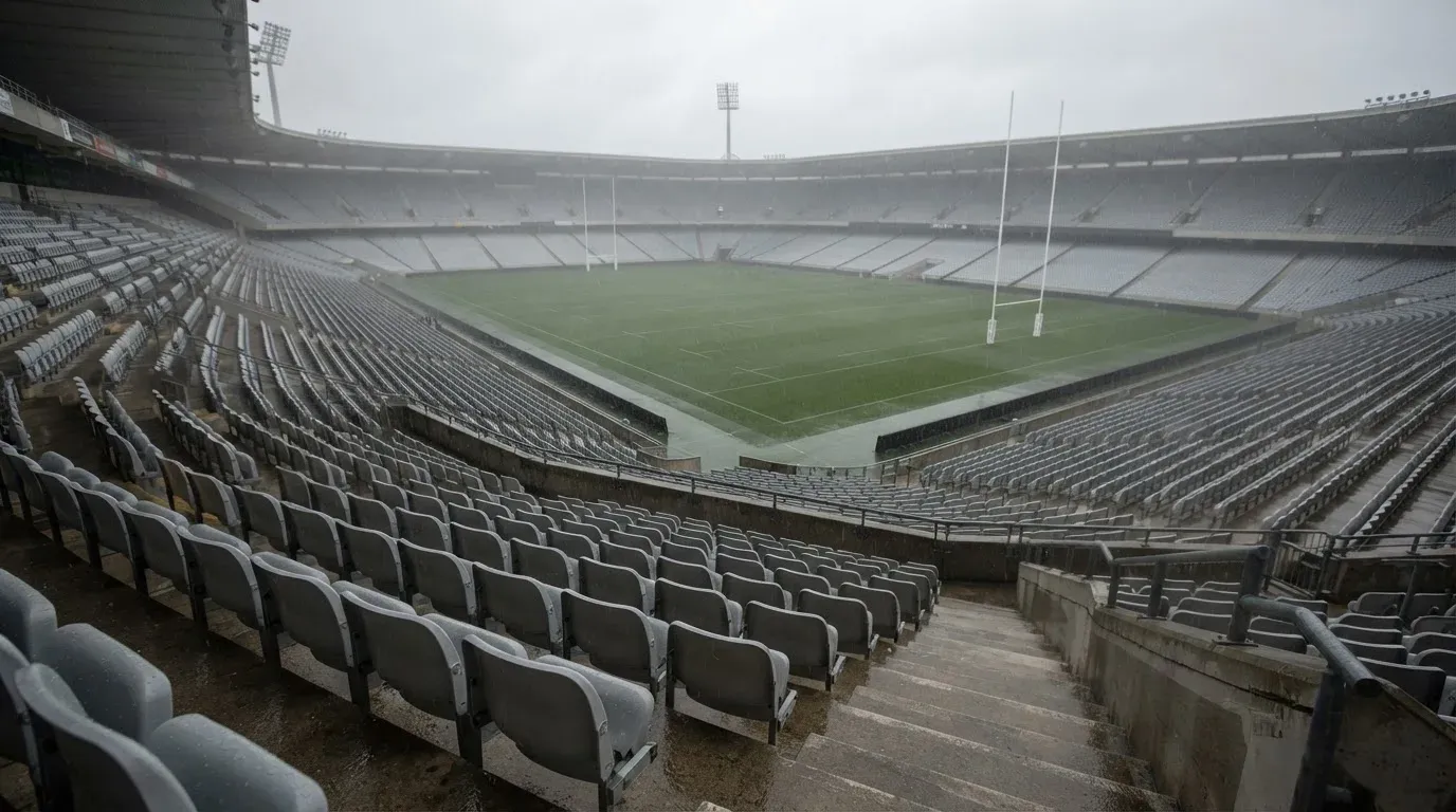 Die leere Tribüne eines Stadions mit Torstangen im Hintergrund, feiner Regen fällt über den Rängen.