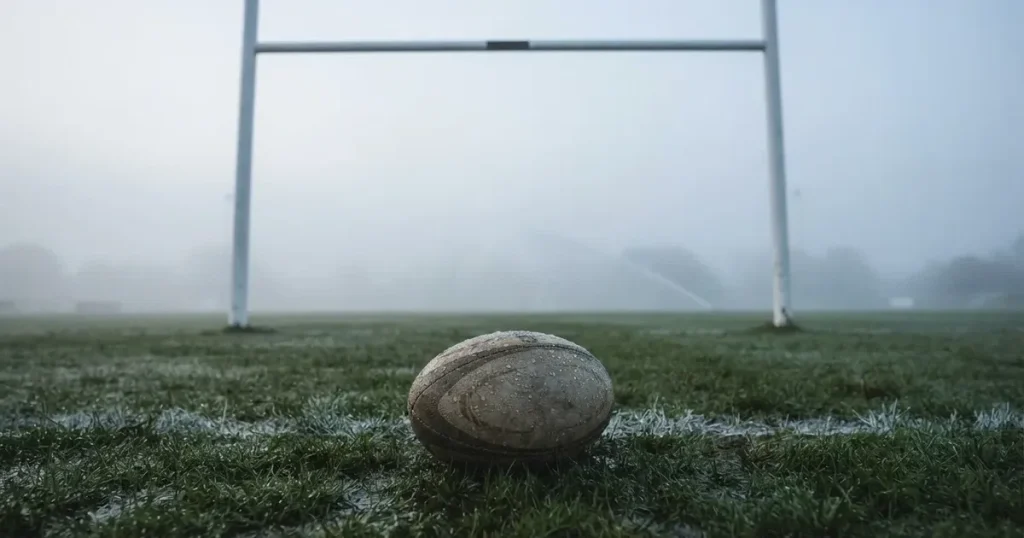 Ein ovaler Rugbyball liegt auf nassem Rasen vor den Torstangen, Nebel hängt über dem Platz am Morgen.