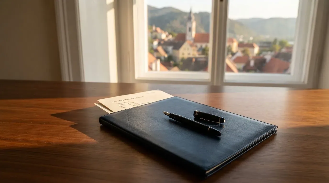 Ein Schreibtisch mit Füllfeder und geschlossenem Ordner im Morgenlicht, daneben ein Fenster mit Blick auf Dächer.