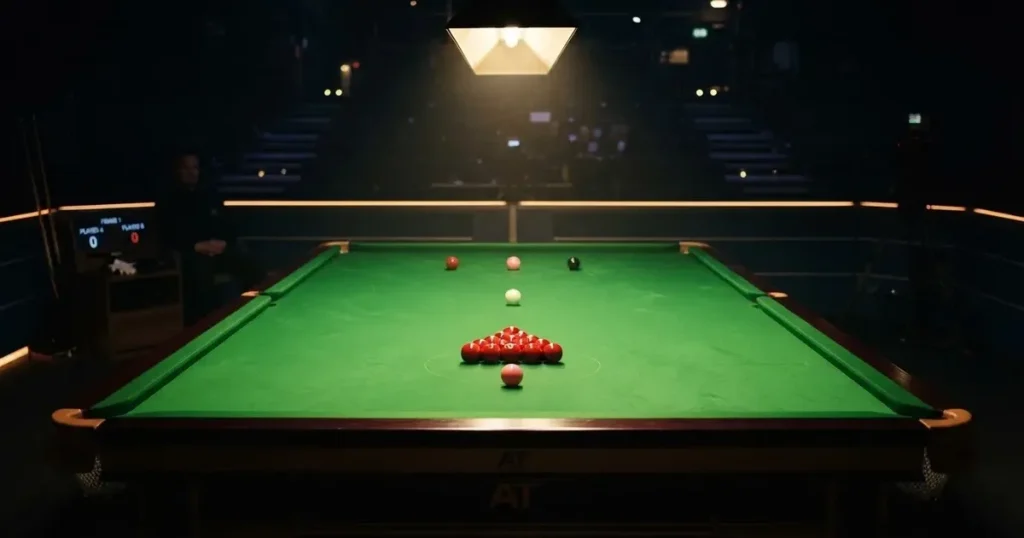 Ein Snookertisch mit grünem Tuch in einem abgedunkelten Saal, ein Lichtkegel fällt von oben auf die aufgestellten Kugeln.