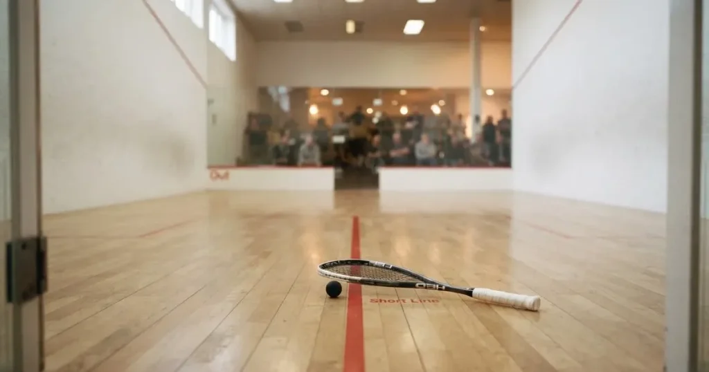 Squashhalle mit weißen Wänden und hellem Holzboden, ein kleiner schwarzer Gummiball liegt neben einem Schläger auf der Linie, weiches Hallenlicht.