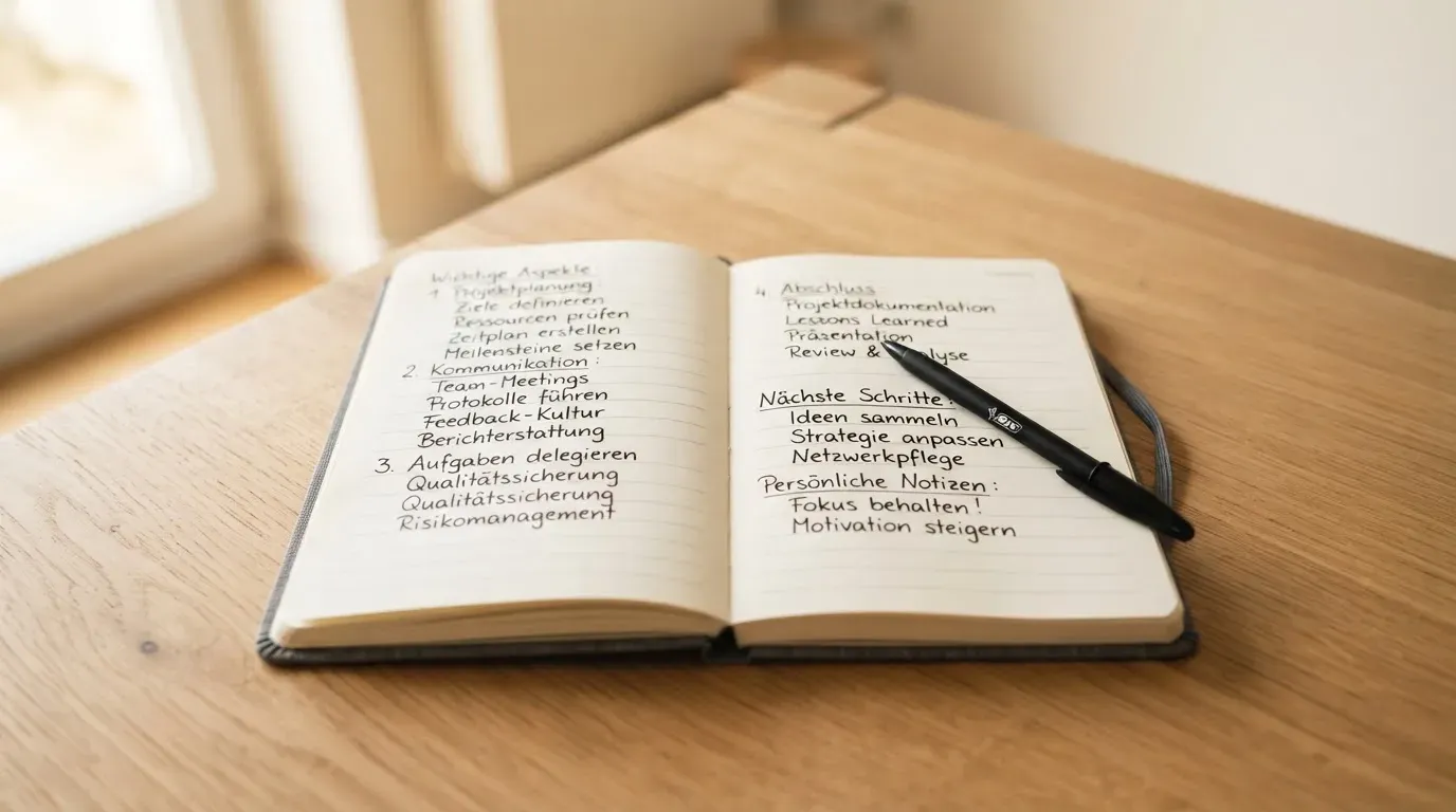 Ein aufgeschlagenes Notizbuch mit handgeschriebenen Stichworten liegt neben einem Kugelschreiber auf einem Holztisch, Tageslicht fällt von der Seite.