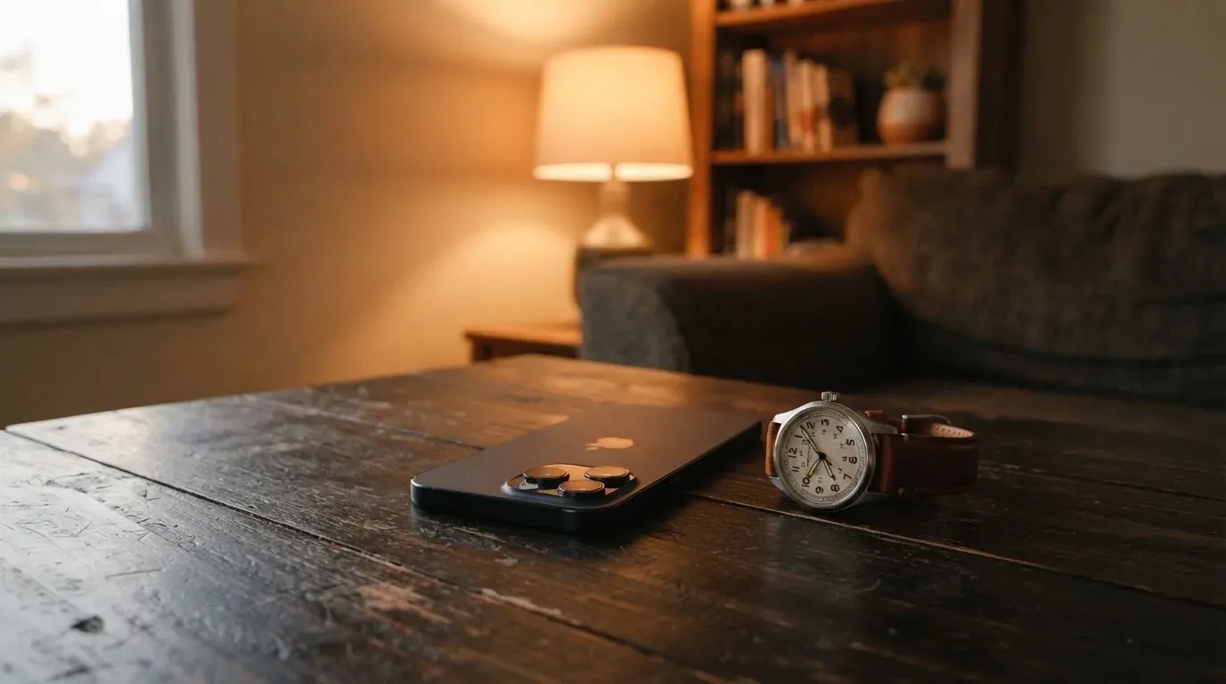 Ein Smartphone liegt mit dem Display nach unten auf einem Tisch neben einer Armbanduhr, im Hintergrund eine ruhige Wohnzimmerecke am Abend.