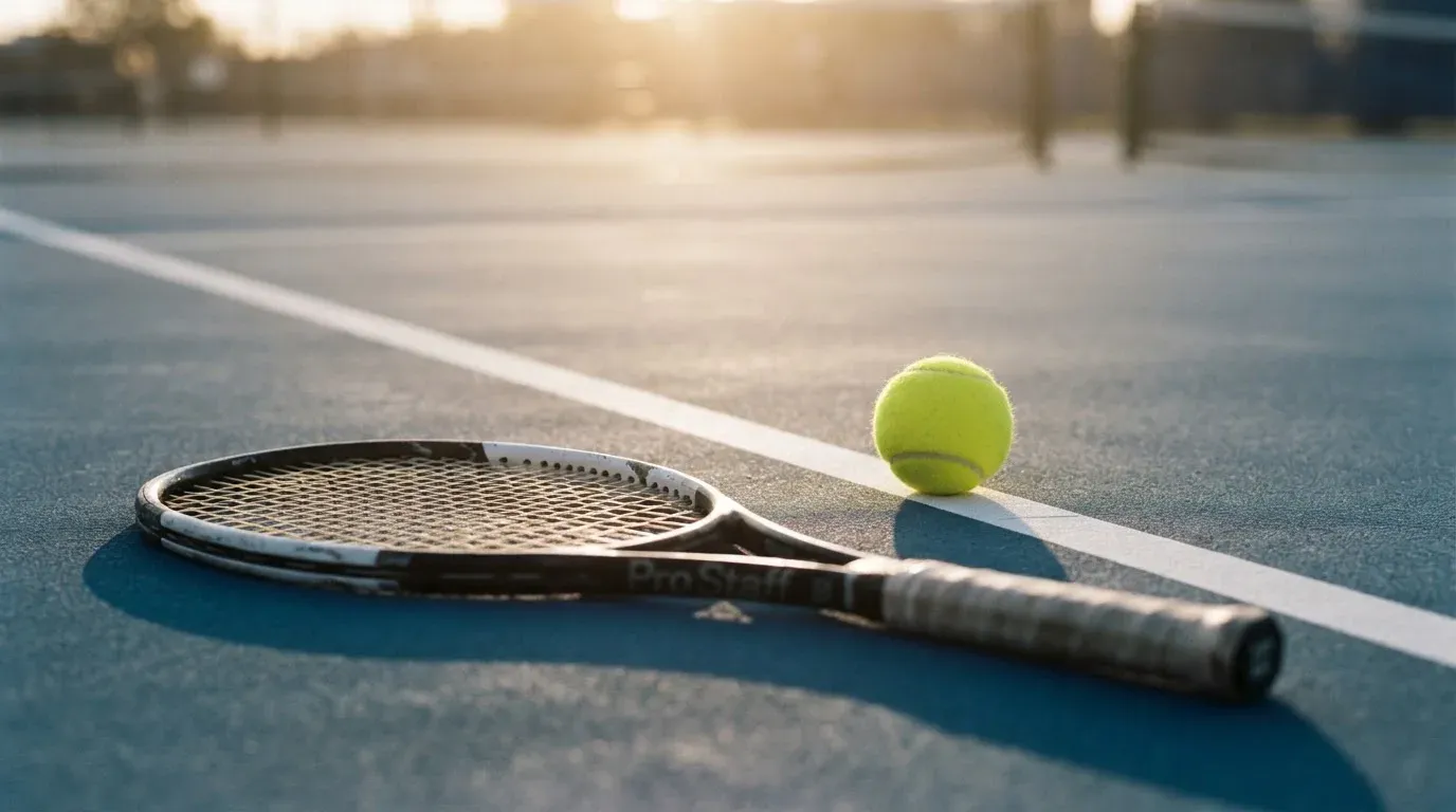Ein gelber Tennisball liegt auf der weißen Linie eines Hartplatzes, davor ein Schläger mit der Bespannung nach oben, flaches Gegenlicht.