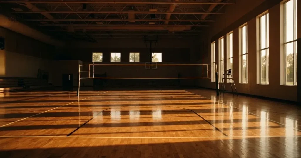 Eine leere Volleyballhalle mit gespanntem Netz und glänzendem Parkettboden, Licht fällt durch hohe Fenster, kein Mensch zu sehen.