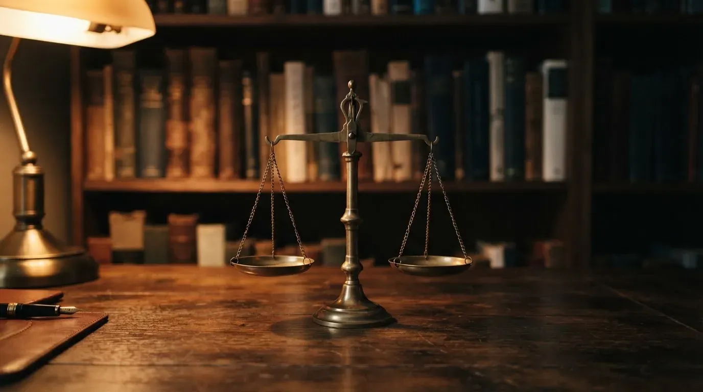 Eine kleine Messingwaage steht auf einem dunklen Holztisch vor einem Bücherregal, warmes Lampenlicht, keine lesbaren Titel.