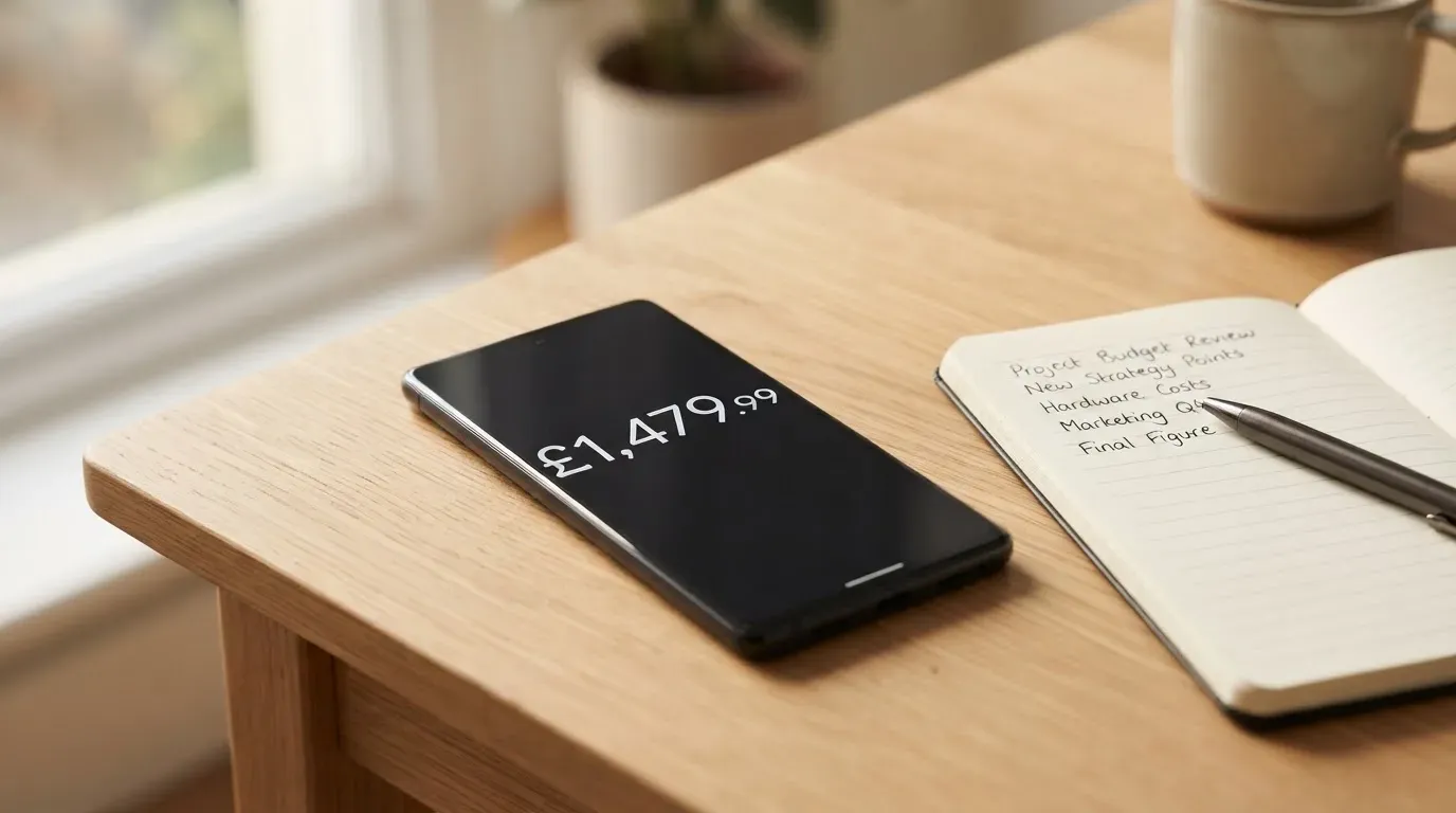 Ein Smartphone mit dunklem Display liegt auf einem Holztisch neben einem Notizblock und einem Stift, Tageslicht von links.