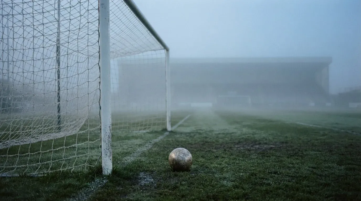 Ein Fußballtor im Nebel eines frühen Morgens, das Netz hängt feucht, auf dem Rasen davor liegt ein einzelner Ball.
