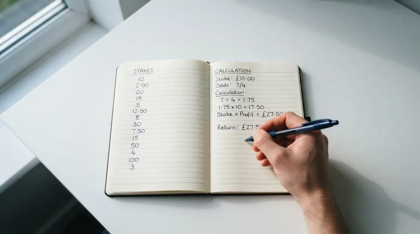 Ein Notizbuch mit handschriftlichen Zahlenreihen liegt neben einem Taschenrechner auf einem hellen Tisch, Tageslicht fällt von der Seite.