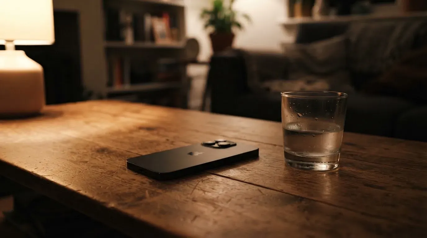 Ein Smartphone liegt mit dem Display nach unten auf einem Holztisch neben einem Glas Wasser, ruhige Abendstimmung in einem Wohnzimmer.