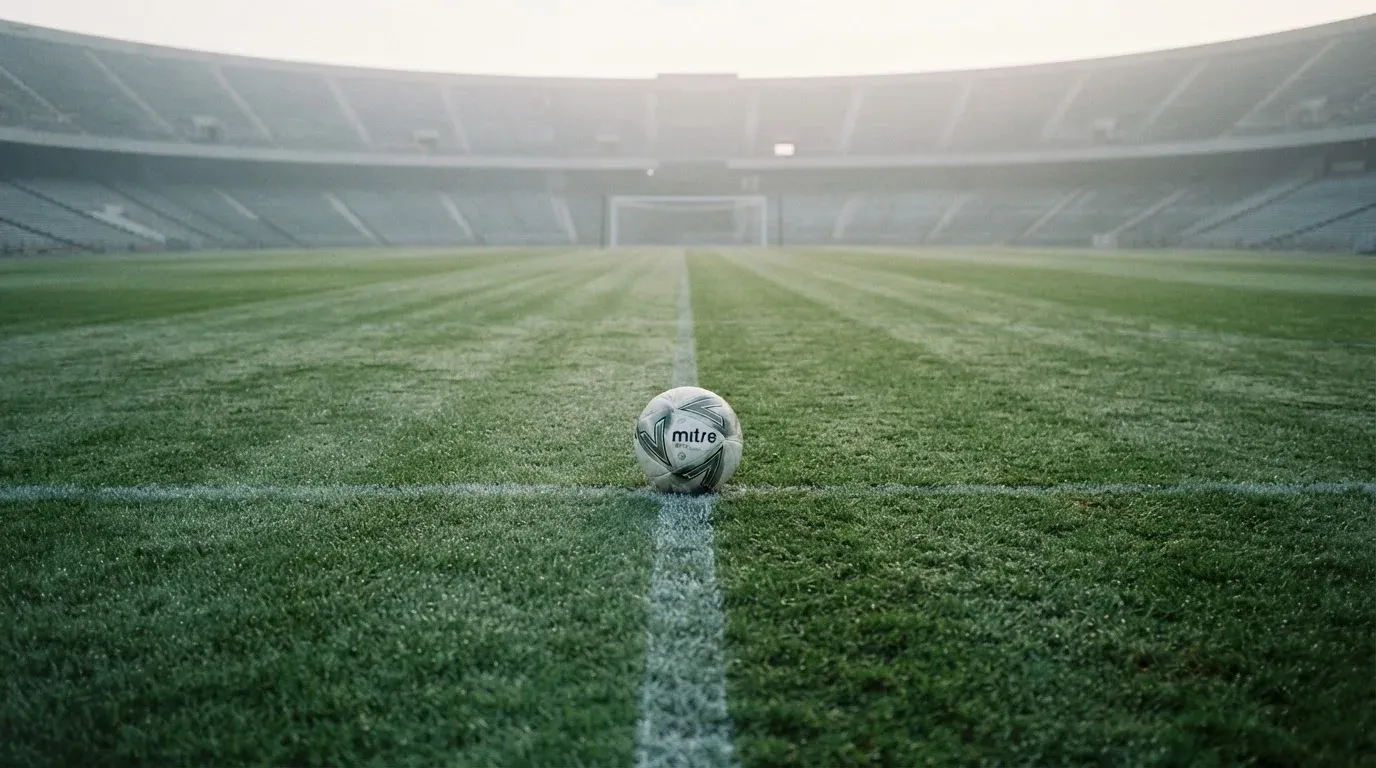 Ein Fußball auf dem Mittelpunkt eines Rasenplatzes, früher Morgen, Tau auf dem Gras, im Hintergrund leere Tribünen.