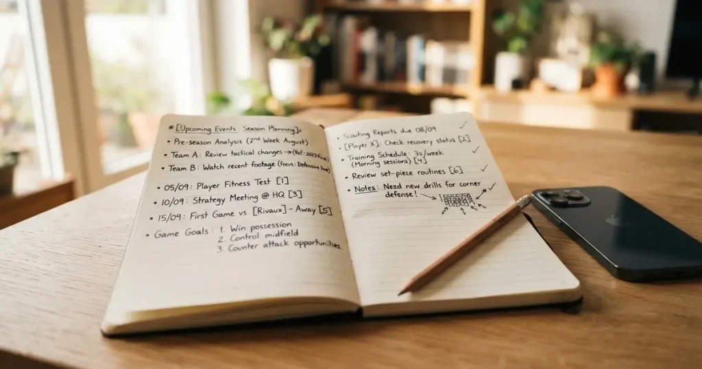Ein Notizbuch mit handschriftlichen Stichpunkten und kleinen Skizzen liegt neben einem Bleistift auf einem hellen Tisch, Tageslicht von der Seite.
