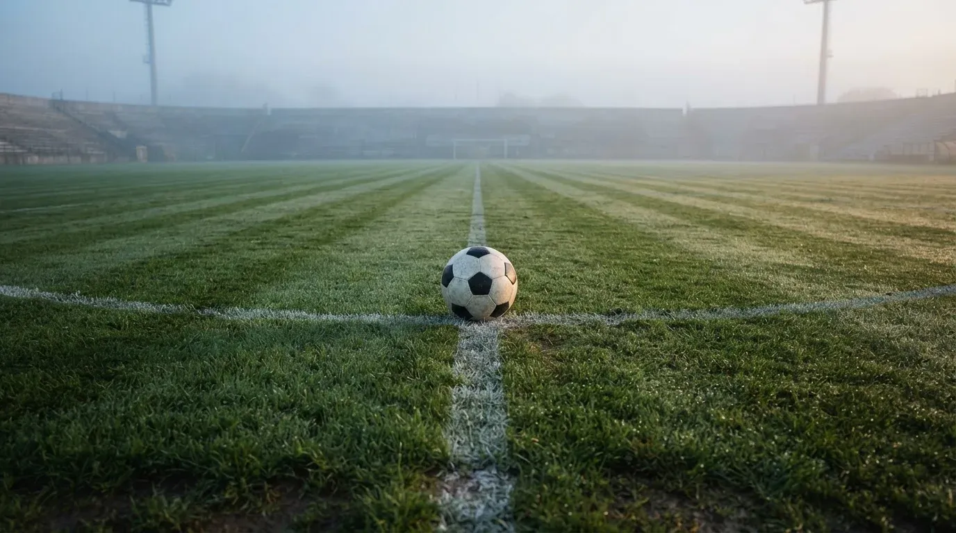 Ein Fußball auf dem Mittelpunkt eines Rasenplatzes, früher Morgen, Tau auf dem Gras, im Hintergrund leere Tribünen.